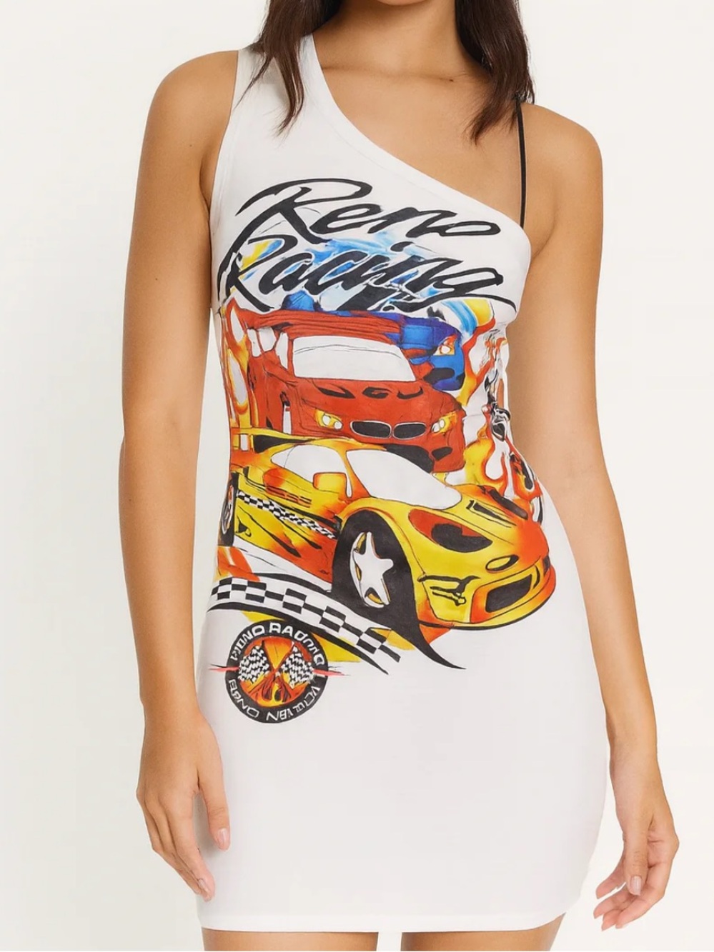 Forever 21 White Graphic One Shoulder Strap Mini Dress - M